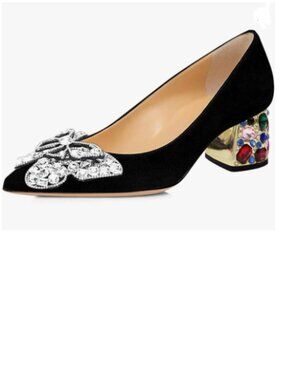 YDN Black Suede Pointed Toe Bow Pumps  Rhinestone Block Low Heel Butterfly Shoes